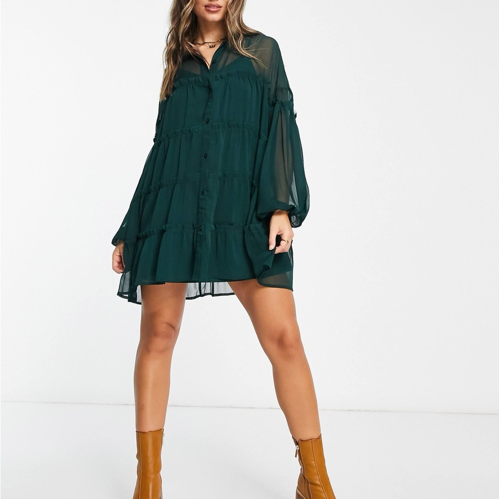 ASOS Tiered Mini Shirt Dress in dark green